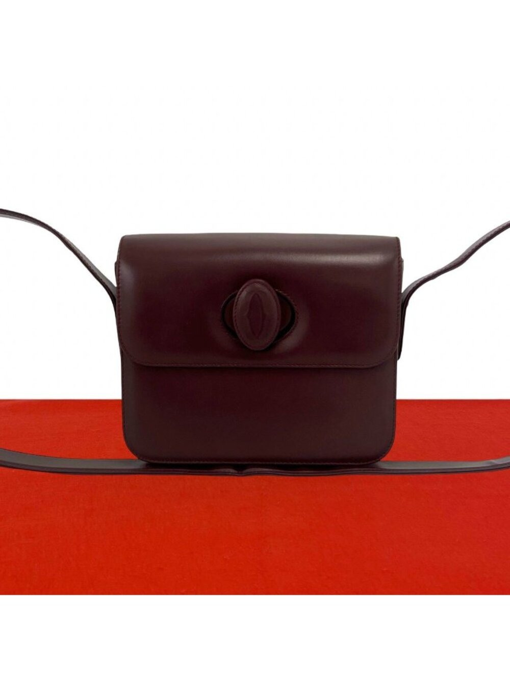 Cartier Vintage Must Line Leather Shoulder Bag Pochette Crossbody Wine Red